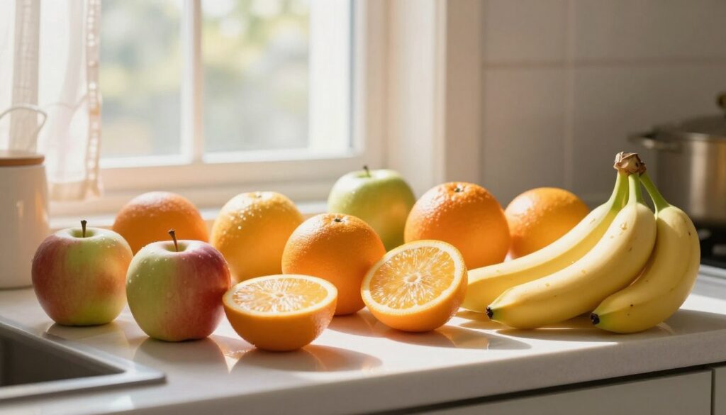 A bright and inviting kitchen countertop filled with an assortment of fresh fruits, such as apples, oranges, and bananas, all vibrant and glistening in natural light. The fruits are artfully arranged, some whole and others sliced open to showcase their juicy interiors, emphasizing the appeal of fresh produce stored outside the refrigerator. In the background, a sunlit window reveals a gentle breeze swaying sheer curtains, enhancing a warm and inviting atmosphere. The colors are rich and appetizing, capturing the essence of freshness and health. Shot with a soft focus lens to create a dreamy effect, the lighting is warm and golden, evoking a sense of comfort and joy in fruit preservation.