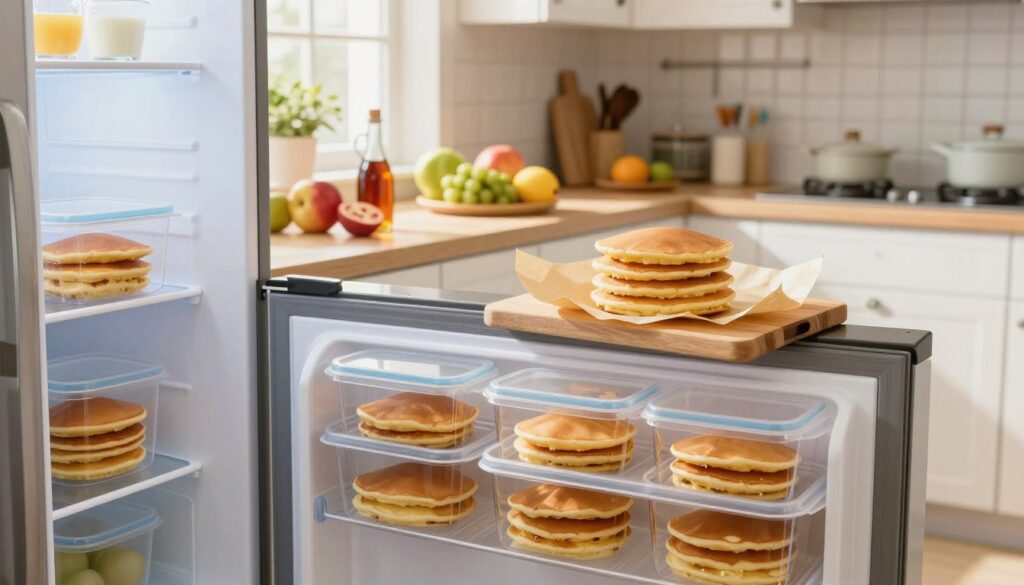 A bright, inviting kitchen scene featuring neatly stacked, fluffy pancakes wrapped in parchment paper, placed on a wooden cutting board. In the foreground, a clear, organized refrigerator door slightly ajar, revealing several neatly arranged containers with pancakes stored inside for freshness. The middle section showcases a well-lit kitchen counter adorned with fresh fruits and syrup, enhancing the appetizing look of the pancakes. Soft, natural light streams in through a window, creating a warm, cozy atmosphere. The background features a classic kitchen setup with white cabinets and a tiled backsplash, contributing to an inviting domestic feel. The overall mood is one of comfort and homey bliss, perfect for illustrating food storage tips. A bright, inviting kitchen scene featuring neatly stacked, fluffy pancakes wrapped in parchment paper, placed on a wooden cutting board. In the foreground, a clear, organized refrigerator door slightly ajar, revealing several neatly arranged containers with pancakes stored inside for freshness. The middle section showcases a well-lit kitchen counter adorned with fresh fruits and syrup, enhancing the appetizing look of the pancakes. Soft, natural light streams in through a window, creating a warm, cozy atmosphere. The background features a classic kitchen setup with white cabinets and a tiled backsplash, contributing to an inviting domestic feel. The overall mood is one of comfort and homey bliss, perfect for illustrating food storage tips.