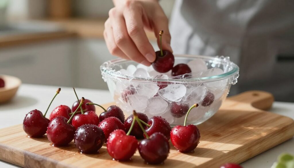 A close-up composition of freshly picked cherries being prepared for freezing. In the foreground, plump, glossy red cherries with droplets of water glistening on their surfaces are arranged neatly on a wooden cutting board. Mid-way, a bowl filled with ice and a layer of clear plastic wrap sits, symbolizing the freezing process, while a pair of hands, casually dressed, are seen gently placing the cherries into the bowl. The background features a softly blurred kitchen setting with natural light streaming in, casting warm shadows and creating a serene, inviting atmosphere. Focus on the textures and vivid colors of the cherries to evoke the idea of freshness and preservation.