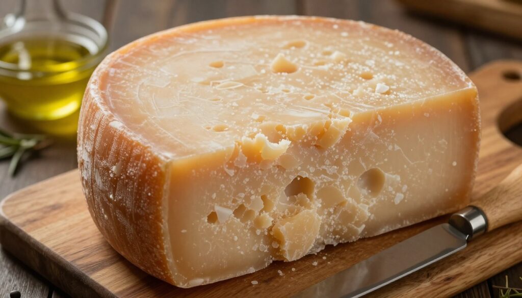 A close-up image of a perfectly aged Parmesan cheese wheel, showcasing its characteristic hard, crumbly texture with fine crystalline specks. The cheese should be depicted on a rustic wooden cutting board, with a traditional cheese knife partially embedded in it. In the background, arrange subtle elements like a small bowl of olive oil and herbs, hinting at preservation methods. Soft, warm lighting should illuminate the scene, casting gentle shadows that enhance the textures. The angle should be slightly overhead, capturing the details and richness of the cheese, inviting the viewer's attention. The overall mood should evoke a sense of indulgence and culinary expertise, suggesting the importance of proper storage to maintain quality. A close-up image of a perfectly aged Parmesan cheese wheel, showcasing its characteristic hard, crumbly texture with fine crystalline specks. The cheese should be depicted on a rustic wooden cutting board, with a traditional cheese knife partially embedded in it. In the background, arrange subtle elements like a small bowl of olive oil and herbs, hinting at preservation methods. Soft, warm lighting should illuminate the scene, casting gentle shadows that enhance the textures. The angle should be slightly overhead, capturing the details and richness of the cheese, inviting the viewer's attention. The overall mood should evoke a sense of indulgence and culinary expertise, suggesting the importance of proper storage to maintain quality.