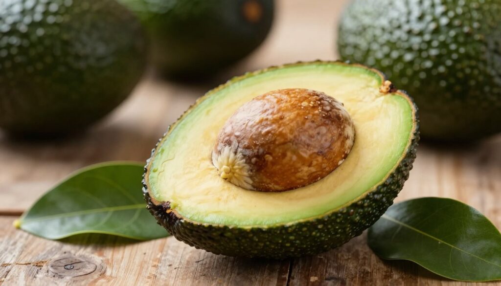 A close-up image of an avocado pit, showcasing its textured surface and natural variations in color, placed prominently in the foreground. Surround the pit with light green avocado leaves, adding a fresh and organic feel to the composition. In the background, softly blurred, include images of whole avocados on a rustic wooden table, enhancing the natural atmosphere. The lighting should be warm and inviting, highlighting the smooth edges and imperfections of the pit. Capture this scene with a slightly above-angle perspective, creating depth and focus on the pit while still providing context with the avocados in the background. Aim for a serene and informative mood to evoke curiosity.
