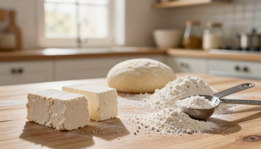 A close-up image of fresh and dried yeast, artistically arranged on a wooden countertop. In the foreground, glistening fresh yeast blocks and scattered dry yeast granules are displayed next to measuring spoons filled with flour. The middle ground features a rustic kitchen setting with a bowl of rising dough and a soft, golden morning light illuminating the scene through a window, creating a warm and inviting atmosphere. In the background, shelves are filled with baking ingredients, with selective focus enhancing the yeast's texture and details. The overall mood conveys the importance of proper storage conditions, emphasizing the vitality of yeast in baking processes. Use a soft focus effect to add a sense of warmth and homeliness.