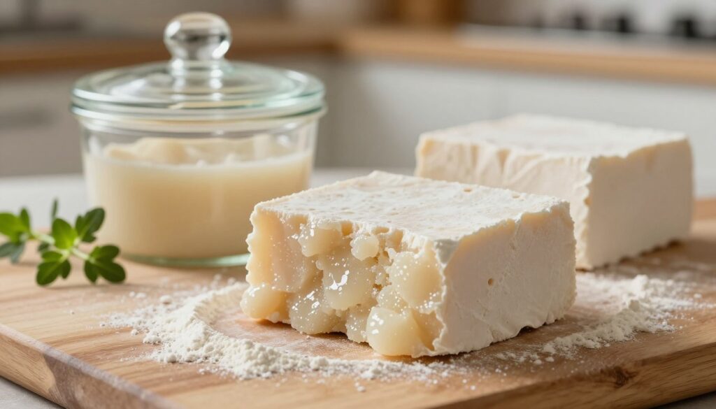 A close-up image of fresh yeast blocks, carefully placed on a wooden kitchen surface, with a few scattered flour particles around them. The foreground features the yeast blocks, exhibiting their moist, crumbly texture, capturing the light to emphasize their freshness and slight sheen. In the middle, a clear glass container with a lid is shown, symbolizing proper storage, alongside a sprig of fresh herbs to suggest an aromatic environment. The background includes a softly blurred kitchen setting, with warm, inviting lighting that creates a cozy atmosphere, evoking the feeling of a home bakery. Aim for a natural, realistic look, highlighting the importance of freshness and proper care for yeast.