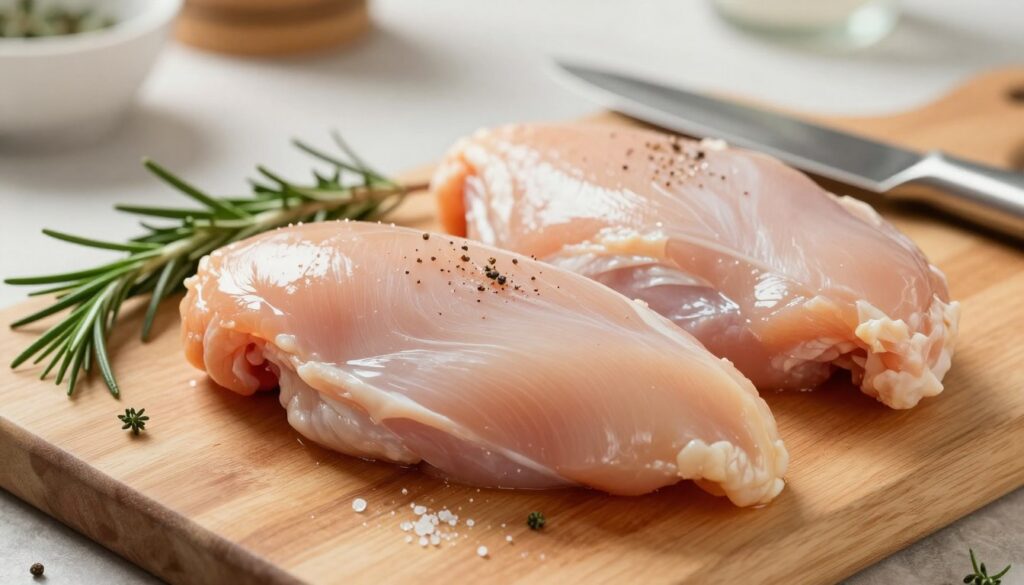 A close-up image of raw chicken breasts, beautifully arranged on a wooden cutting board with fresh herbs like rosemary and thyme scattered around. The chicken is glistening with a light sprinkle of salt and pepper, suggesting a preparation phase before baking. In the background, a blurred kitchen setting features soft, warm lighting that creates a cozy atmosphere, enhancing the appeal of the chicken. A stainless-steel knife rests nearby, hinting at the preparation process. The focus is sharp on the chicken breasts, showing their texture and freshness while maintaining a clean and appetizing presentation. The composition should evoke a sense of anticipation for a delicious, juicy meal, capturing the essence of selecting and prepping chicken for baking. A close-up image of raw chicken breasts, beautifully arranged on a wooden cutting board with fresh herbs like rosemary and thyme scattered around. The chicken is glistening with a light sprinkle of salt and pepper, suggesting a preparation phase before baking. In the background, a blurred kitchen setting features soft, warm lighting that creates a cozy atmosphere, enhancing the appeal of the chicken. A stainless-steel knife rests nearby, hinting at the preparation process. The focus is sharp on the chicken breasts, showing their texture and freshness while maintaining a clean and appetizing presentation. The composition should evoke a sense of anticipation for a delicious, juicy meal, capturing the essence of selecting and prepping chicken for baking.