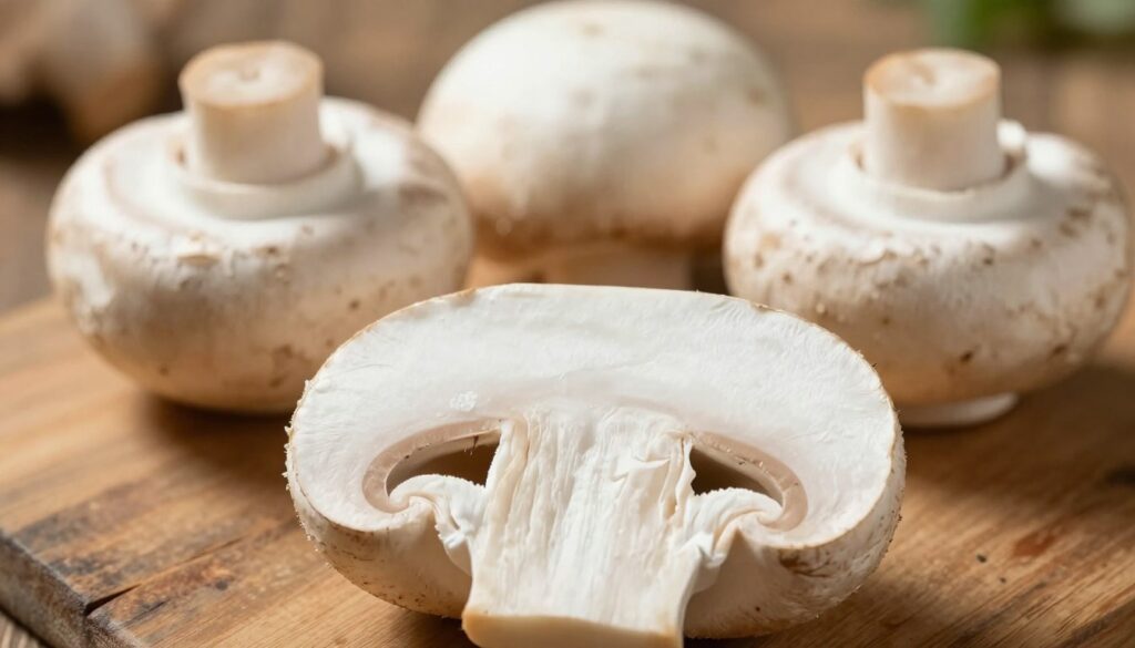 A close-up of a sliced puffball mushroom, displaying its white, spongy interior with a smooth texture. The foreground focuses on the pristine, pale flesh, emphasizing the unique pattern and softness of the miąższ. In the middle, a few whole puffball mushrooms are arranged symmetrically, showcasing their round, creamy exteriors, with some subtle light reflections. The background features a rustic wooden table surface, softly blurred to create depth, enhancing the earthy, natural feel. The scene is illuminated by warm, diffused sunlight, casting gentle shadows and evoking a cozy, inviting atmosphere. The overall mood is peaceful and informative, suitable for highlighting the edible aspect of the puffball in a culinary context.