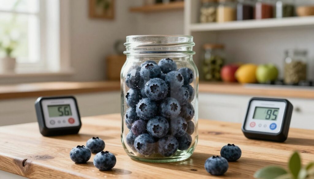 A close-up of fresh blueberries being stored in a glass jar, showcasing the vibrant blue color and dewdrops on their surfaces, symbolizing freshness. The jar is placed on a rustic wooden kitchen table, surrounded by elements of controlled atmosphere storage, like small humidity and temperature indicators. In the background, a soft-focus view of a well-organized pantry filled with other fruits, jars, and drying herbs creates a cozy, inviting atmosphere. Natural light filters in from a nearby window, casting gentle shadows, emphasizing the texture of the blueberries and the glass jar. The mood is calm and homely, highlighting the importance of proper blueberry storage methods. The composition should be vertically framed, emphasizing the blueberries and the jar as the main focal point without any distractions.