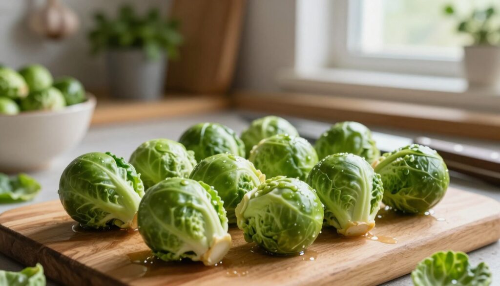 A close-up of vibrant Brussels sprouts in a rustic kitchen setting, showcasing the bright green color and intricate leaf textures. The foreground features the sprouts glistening with moisture as if freshly washed, placed on a wooden cutting board. In the middle ground, there are kitchen tools like a knife and a bowl, suggesting preparation. The background hints at a warm, softly lit kitchen with herbs in pots and hanging garlic, evoking a cozy, inviting atmosphere. Soft, natural light streams through a nearby window, casting gentle shadows. The overall mood is fresh and appetizing, capturing the essence of cooking Brussels sprouts while avoiding bitterness.