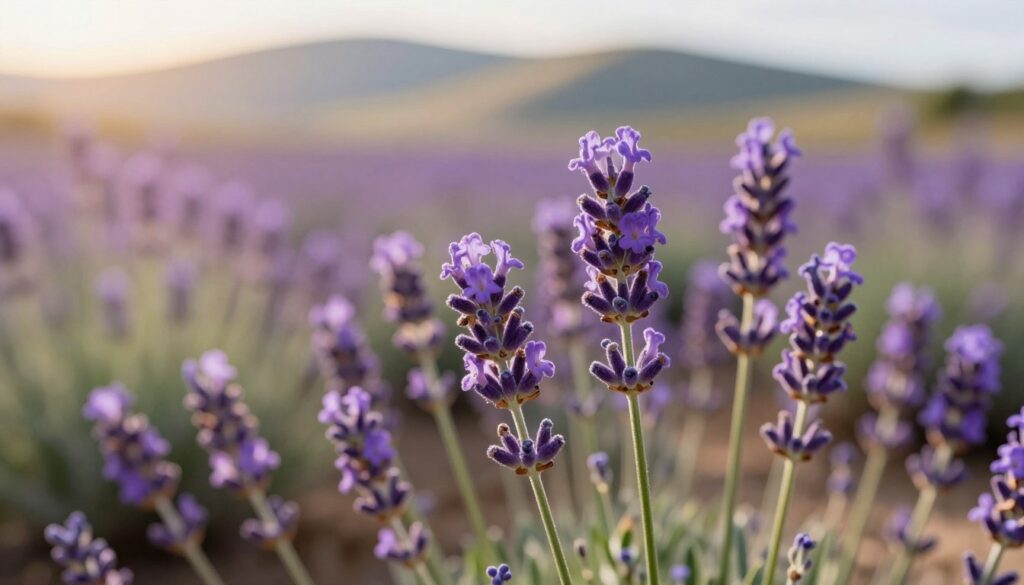 A close-up of vibrant lavender flowers (Lavandula), showcasing their delicate purple blooms and slender green stems. In the foreground, focus on the rich detail of the flower petals, highlighting their velvety texture and vivid color variations. The middle ground features sprawling fields of lavender, creating a sea of purple under a soft golden sunlight, enhancing the natural beauty of the scene. In the background, gently blurred hills provide a serene backdrop, adding depth to the image. The lighting is warm and inviting, casting a gentle glow that evokes a peaceful and aromatic atmosphere, perfect for illustrating the culinary uses of lavender. The scene is composed to feel organic and fresh, embodying the essence of this fragrant herb without any distractions. A close-up of vibrant lavender flowers (Lavandula), showcasing their delicate purple blooms and slender green stems. In the foreground, focus on the rich detail of the flower petals, highlighting their velvety texture and vivid color variations. The middle ground features sprawling fields of lavender, creating a sea of purple under a soft golden sunlight, enhancing the natural beauty of the scene. In the background, gently blurred hills provide a serene backdrop, adding depth to the image. The lighting is warm and inviting, casting a gentle glow that evokes a peaceful and aromatic atmosphere, perfect for illustrating the culinary uses of lavender. The scene is composed to feel organic and fresh, embodying the essence of this fragrant herb without any distractions.