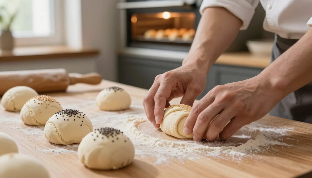 A close-up scene of a baker's hands skillfully shaping dough into small, round rolls on a wooden countertop, with flour dusting the surface. The rolls display various techniques, such as diagonal cuts, neat seams, and sprinkles of sesame and poppy seeds on top. In the background, a warm, softly lit kitchen is seen with an oven, where more rolls are baking, giving a slight golden hue to the scene. Natural light filters through a window, creating a cozy and inviting atmosphere. The image captures the attentive and creative process of "formowanie bułek," celebrating the art of bread-making with an emphasis on texture and detail. The focus is sharp on the dough, while the background is slightly blurred for depth.