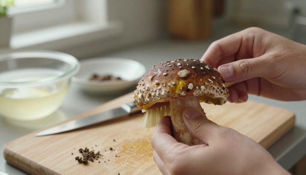 A close-up scene of a person expertly cleaning a "czyszczenie maślak pstry" mushroom, showcasing its unique spotted cap and textured surface. The foreground features the mushroom being gently brushed with a soft brush, revealing its rich brown and yellow hues. In the middle, a wooden cutting board is set with a small knife, a bowl of water, and a dish for dirt, reflecting a focused preparation process. The background is softly blurred, hinting at a cozy kitchen with warm, natural lighting streaming in through a window. The mood is calm and meticulous, emphasizing the importance of proper handling and preparation of this edible mushroom, with hints of earthy colors enhancing the atmosphere of culinary craftsmanship.