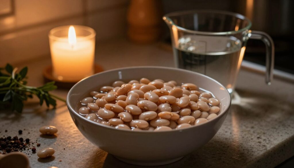 A close-up scene of a rustic kitchen countertop at night, featuring a bowl of soaked white beans shimmering under soft, warm candlelight. In the foreground, the bowl is filled with glistening, plump beans soaked in clear water, reflecting the glow around them. A measuring cup filled with water is beside the bowl, suggesting the perfect proportion for cooking. In the background, blurred out, there are ingredients like herbs and spices, hinting at the next steps in the cooking process. The atmosphere is cozy and inviting, with shadows dancing softly, creating a sense of warmth and home. The angle captures the essence of preparation, focusing on the beans and the richness of the moment. A close-up scene of a rustic kitchen countertop at night, featuring a bowl of soaked white beans shimmering under soft, warm candlelight. In the foreground, the bowl is filled with glistening, plump beans soaked in clear water, reflecting the glow around them. A measuring cup filled with water is beside the bowl, suggesting the perfect proportion for cooking. In the background, blurred out, there are ingredients like herbs and spices, hinting at the next steps in the cooking process. The atmosphere is cozy and inviting, with shadows dancing softly, creating a sense of warmth and home. The angle captures the essence of preparation, focusing on the beans and the richness of the moment.
