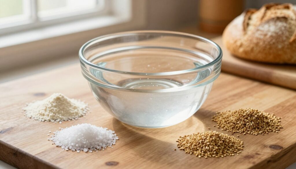 A close-up shot of a clear glass bowl filled with fresh, glistening water to represent the essential ingredient in gluten-free bread. Surrounding the bowl, small piles of active dry yeast, coarse sea salt, and a variety of binding additives like xanthan gum and psyllium husk add visual interest. The background features a rustic wooden kitchen countertop, softly illuminated by warm, natural light filtering through a nearby window, creating an inviting atmosphere. The focus is sharp on the bowl and ingredients, with a shallow depth of field blurring the background slightly. The overall mood is cozy and homely, evoking a sense of warmth and care in the baking process. No text or logos are present in the image.