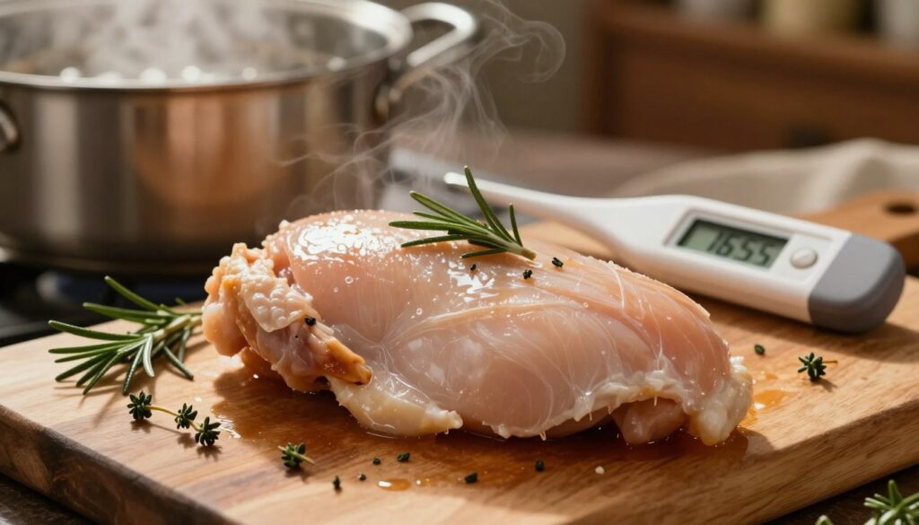A close-up shot of a perfectly cooked chicken breast, glistening with moisture and showcasing its tender, succulent texture. The chicken breast is placed on a rustic wooden cutting board, garnished with sprigs of fresh herbs like rosemary and thyme. In the background, a pot of boiling water can be seen on a stove, with steam gently rising, suggesting the cooking process. The lighting is warm and inviting, casting soft shadows that enhance the texture of the chicken. A digital meat thermometer rests next to the chicken, clearly showing a safe internal temperature of 165°F (74°C). The overall atmosphere is cozy and homey, perfect for illustrating a cooking guide. A close-up shot of a perfectly cooked chicken breast, glistening with moisture and showcasing its tender, succulent texture. The chicken breast is placed on a rustic wooden cutting board, garnished with sprigs of fresh herbs like rosemary and thyme. In the background, a pot of boiling water can be seen on a stove, with steam gently rising, suggesting the cooking process. The lighting is warm and inviting, casting soft shadows that enhance the texture of the chicken. A digital meat thermometer rests next to the chicken, clearly showing a safe internal temperature of 165°F (74°C). The overall atmosphere is cozy and homey, perfect for illustrating a cooking guide.