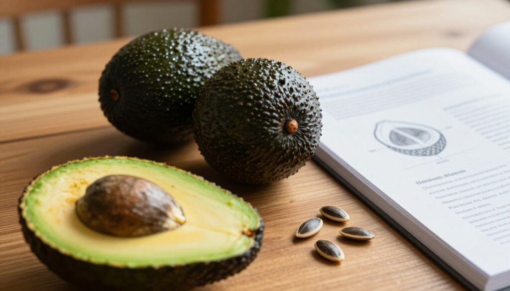 A close-up shot of avocado seeds on a polished wooden table, showcasing their rough, textured surface with a glistening sheen of moisture. In the foreground, a sliced avocado is displayed, revealing its creamy flesh and vibrant green color, while two open research papers with scientific diagrams and notes on the seeds' health benefits are positioned next to the avocados. The background is softly blurred to keep the focus on the seeds and avocados, with warm, natural sunlight streaming in, creating a cozy and informative atmosphere. This composition gives a sense of a researcher's workspace, reflecting a mood of inquiry and discovery surrounding avocado seeds.