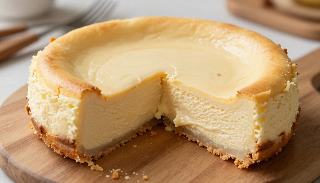 A close-up view of a cracked cheesecake, showing its creamy texture, with visible fissures and a slightly sunken top. In the foreground, a slice has been cut out, revealing the smooth interior, with a creamy, custard-like filling. The middle ground features a wooden serving board, complemented by subtle, scattered crumbs to hint at the dessert's richness. In the background, kitchen utensils are softly blurred, creating a warm, inviting atmosphere. The lighting is soft and diffused, reminiscent of natural daylight, casting gentle shadows that highlight the cheesecake’s imperfections. The mood is both cozy and informative, focused on the art of baking without distractions.