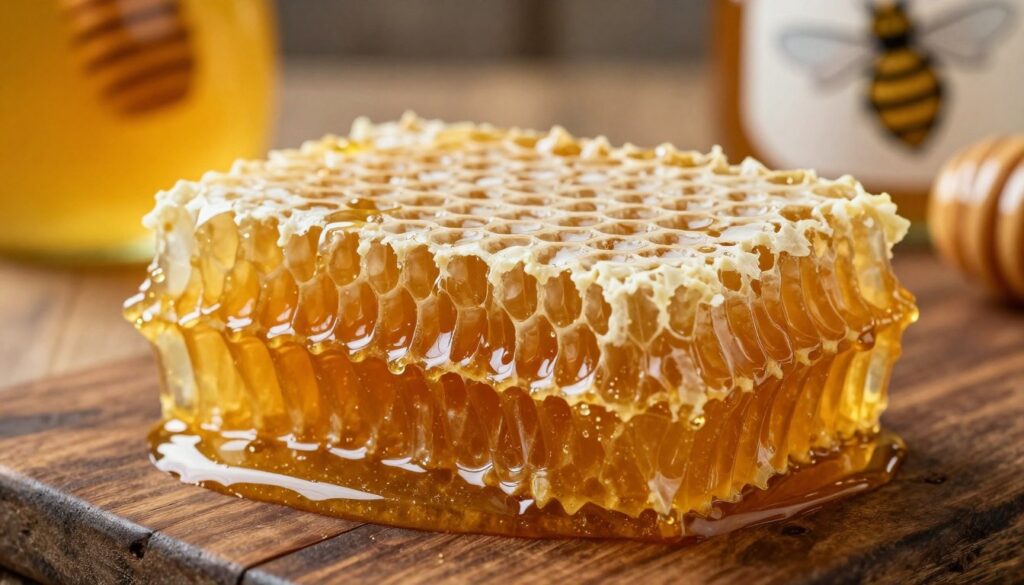 A close-up view of a honeycomb filled with golden honey, showcasing a slice of honeycomb, or "plaster miodu," resting elegantly on a dark wooden surface. The honeycomb exhibits hexagonal cells brimming with glistening, amber-colored honey, with a few droplets delicately gliding down the sides. Soft, natural light filters in from the side, creating gentle highlights that accentuate the texture of the beeswax and honey. In the background, blurred hints of a honey jar and a bee-themed decoration evoke a warm, rustic kitchen atmosphere. The overall mood is inviting and homely, emphasizing the natural and edible qualities of beeswax, perfect for illustrating the delightful experience of consuming honeycomb. A close-up view of a honeycomb filled with golden honey, showcasing a slice of honeycomb, or "plaster miodu," resting elegantly on a dark wooden surface. The honeycomb exhibits hexagonal cells brimming with glistening, amber-colored honey, with a few droplets delicately gliding down the sides. Soft, natural light filters in from the side, creating gentle highlights that accentuate the texture of the beeswax and honey. In the background, blurred hints of a honey jar and a bee-themed decoration evoke a warm, rustic kitchen atmosphere. The overall mood is inviting and homely, emphasizing the natural and edible qualities of beeswax, perfect for illustrating the delightful experience of consuming honeycomb.