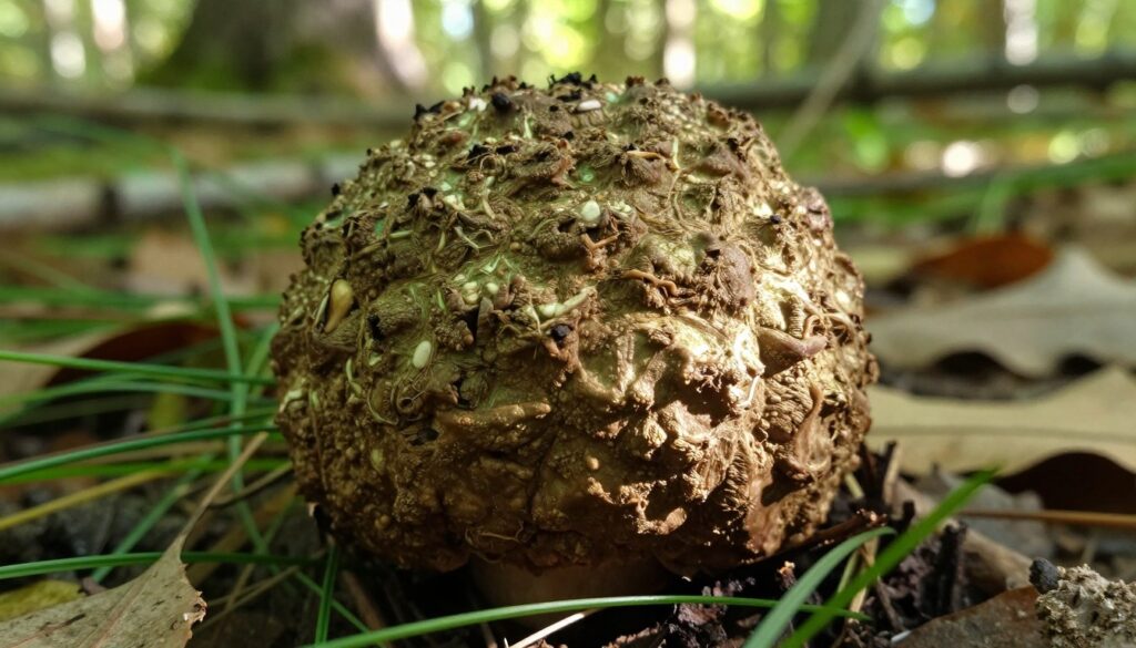 A close-up view of a mature "purchawka chropowata" (common earthball) mushroom, showcasing its distinctive rough, textured outer skin, which has a mottled brown and greenish hue. The foreground focuses on the mushroom, highlighting its intricate surface details and organic contours, while the middle ground features a softly blurred layer of lush woodland floor with bladed grass and fallen leaves. The background captures a dappled sunlight filtering through tree canopies, creating a warm, inviting atmosphere. The lighting is natural, illuminating the mushroom and casting gentle shadows. The overall mood conveys a sense of curiosity about the earthy, natural habitat of the mushroom, evoking wonder and appreciation for its unique characteristics.