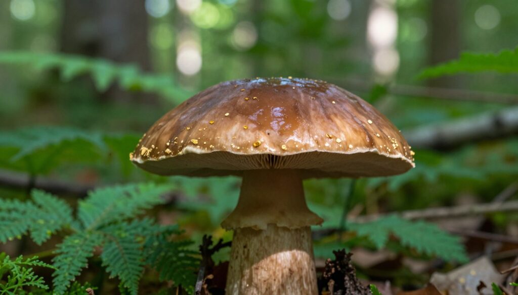A close-up view of a "monk's cap" mushroom (Kapelusz koźlarza babka), highlighting its distinctive features. The foreground showcases the mushroom with a glossy brown cap, slightly curved at the edges, surrounded by faint golden flecks. The stem is thick and pale, with subtle texture details visible. In the middle ground, lush forest foliage creates a rich green backdrop, with dappled sunlight filtering through the trees, illuminating the mushroom beautifully. The background should hint at a soft-focus forest scene, emphasizing the natural habitat of the mushroom. Capture the image in natural lighting, using a macro lens to accentuate the details and create a serene, mystical atmosphere in the woodlands. A close-up view of a "monk's cap" mushroom (Kapelusz koźlarza babka), highlighting its distinctive features. The foreground showcases the mushroom with a glossy brown cap, slightly curved at the edges, surrounded by faint golden flecks. The stem is thick and pale, with subtle texture details visible. In the middle ground, lush forest foliage creates a rich green backdrop, with dappled sunlight filtering through the trees, illuminating the mushroom beautifully. The background should hint at a soft-focus forest scene, emphasizing the natural habitat of the mushroom. Capture the image in natural lighting, using a macro lens to accentuate the details and create a serene, mystical atmosphere in the woodlands.