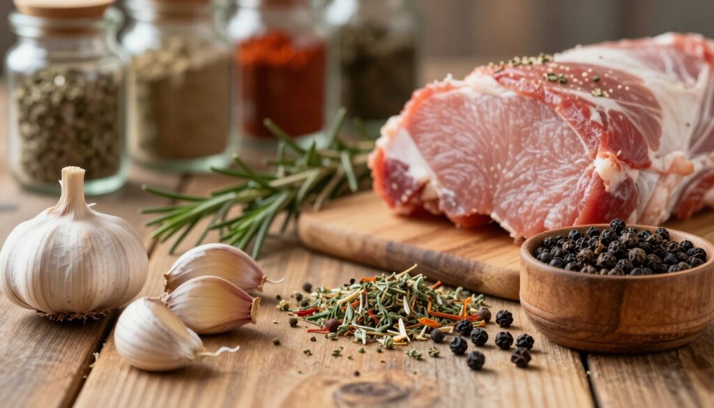 A close-up view of a rustic wooden table displaying an assortment of spices essential for seasoning pork, focusing on garlic cloves and black peppercorns. The foreground features fresh garlic bulbs, their papery skin slightly peeling, alongside a small wooden bowl filled with whole black peppercorns. In the middle, a vibrant sprinkle of dried herbs and spices, like thyme and rosemary, adds color and texture, suggesting richness in flavors. The background is softly blurred, depicting neatly arranged spices in glass jars, with warm, natural lighting that evokes a cozy, inviting atmosphere. The mood is earthy and wholesome, emphasizing the essence of home-cooked meals, perfect for enhancing the flavor of succulent pork roast. A close-up view of a rustic wooden table displaying an assortment of spices essential for seasoning pork, focusing on garlic cloves and black peppercorns. The foreground features fresh garlic bulbs, their papery skin slightly peeling, alongside a small wooden bowl filled with whole black peppercorns. In the middle, a vibrant sprinkle of dried herbs and spices, like thyme and rosemary, adds color and texture, suggesting richness in flavors. The background is softly blurred, depicting neatly arranged spices in glass jars, with warm, natural lighting that evokes a cozy, inviting atmosphere. The mood is earthy and wholesome, emphasizing the essence of home-cooked meals, perfect for enhancing the flavor of succulent pork roast.