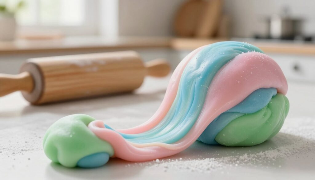 A close-up view of a soft, pliable ball of sugar paste, showcasing its elasticity and glossy surface. The vibrant colors of the sugar paste, ranging from pastel pinks and blues to bright greens, create a visually appealing contrast. In the foreground, the ball of sugar paste is gently stretched, demonstrating its flexibility. In the middle ground, a wooden rolling pin and a dusting of icing sugar hint at a workspace. The background is softly blurred, featuring a well-lit kitchen scene with baking tools and light streaming through a window, creating a warm, inviting atmosphere. The overall mood is one of creativity and culinary potential, emphasizing the importance of keeping sugar paste in optimal condition.