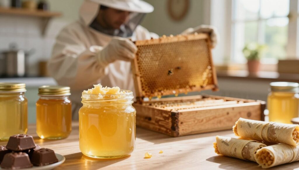 A close-up view of beeswax being used in the food industry, showcasing its natural golden hue. In the foreground, a jar of pure beeswax sits next to assorted food products like honey, chocolates, and wraps. The middle ground features a soft-focus image of a beekeeper in professional attire checking honeycombs in a beehive, emphasizing the connection between bees and the food industry. In the background, a sunny kitchen with natural light streams in, illuminating the scene and enhancing the atmosphere of warmth and wholesomeness. The overall mood is inviting and informative, highlighting the safe and beneficial use of beeswax in culinary applications. A close-up view of beeswax being used in the food industry, showcasing its natural golden hue. In the foreground, a jar of pure beeswax sits next to assorted food products like honey, chocolates, and wraps. The middle ground features a soft-focus image of a beekeeper in professional attire checking honeycombs in a beehive, emphasizing the connection between bees and the food industry. In the background, a sunny kitchen with natural light streams in, illuminating the scene and enhancing the atmosphere of warmth and wholesomeness. The overall mood is inviting and informative, highlighting the safe and beneficial use of beeswax in culinary applications.