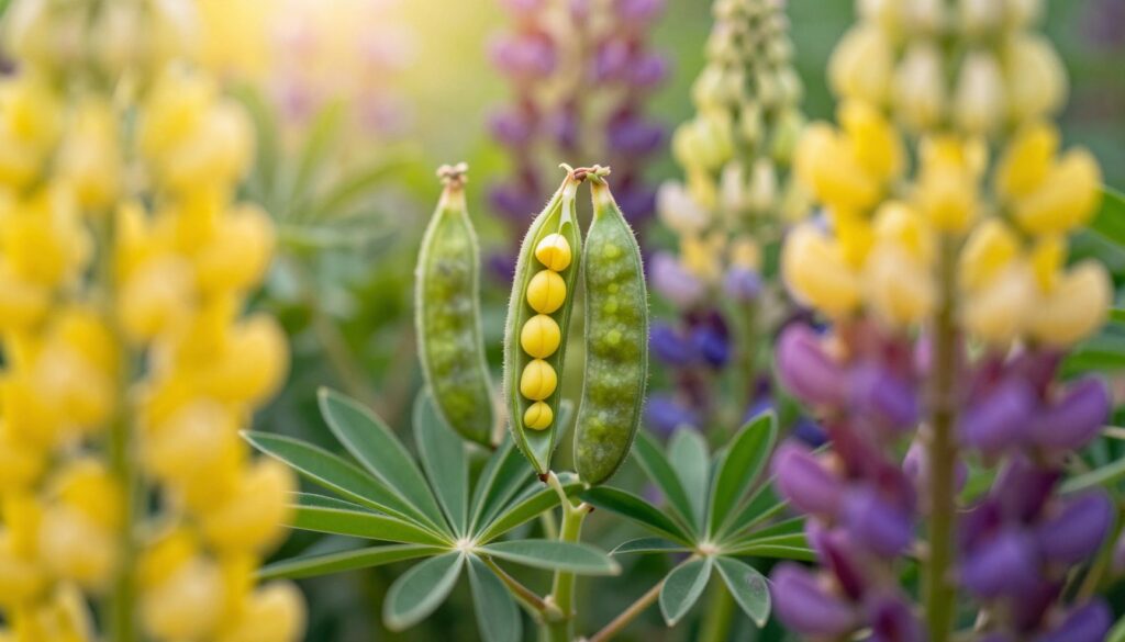 A close-up view of edible lupin flowers, showcasing their vibrant yellow and purple hues, set against a softly blurred green backdrop of foliage. In the foreground, detailed petals and leaves highlight the plant’s unique texture, while the middle scene presents a cluster of healthy lupin pods, some split open to reveal their bright seeds. Light filters through the leaves, casting a warm, inviting glow that creates a serene and natural atmosphere. The composition emphasizes the beauty of the edible varieties, encouraging a sense of discovery and safety. Captured with a macro lens, using soft focus to enhance the colors and details, the image conveys a calm and informative essence.