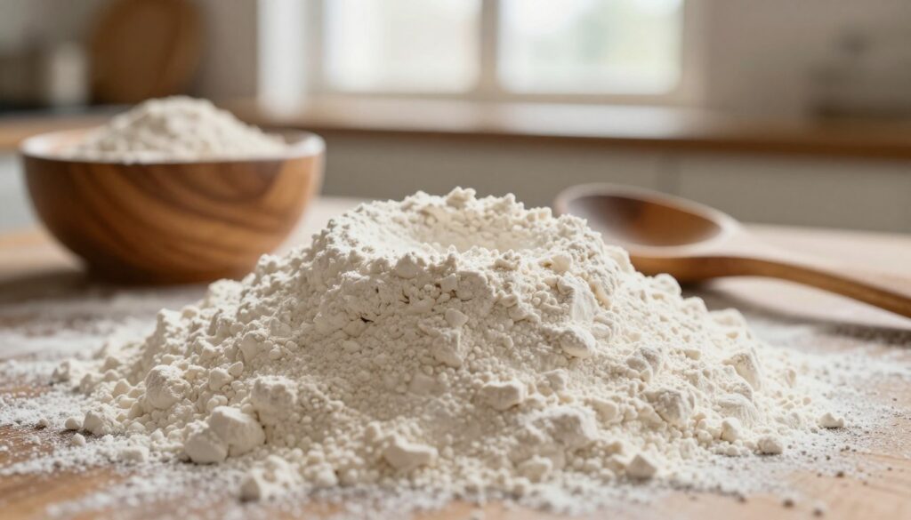 A close-up view of fine wheat flour in a rustic wooden bowl, showcasing its soft, powdery texture. The foreground highlights the flour with gentle mounds, capturing the light as it glistens. In the middle ground, a vintage wooden spoon rests beside the bowl, hinting at the art of baking. The background features a softly blurred kitchen setting, with warm natural light streaming in through a window, creating a cozy atmosphere. The scene conveys a sense of warmth and craftsmanship, inviting viewers into the heart of home baking. The image has a shallow depth of field, focusing on the flour while subtly blurring the surroundings to enhance the subject's prominence.
