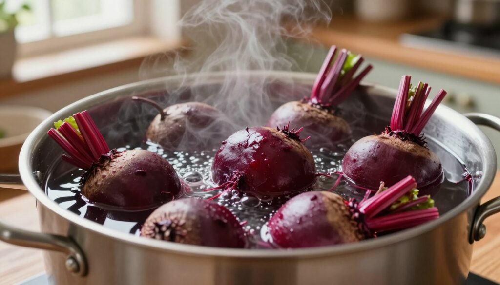 A close-up view of freshly boiled beets in a pot of hot water, showcasing their vibrant red and purple hues. The beets are whole, with their greens slightly wilted, positioned in the foreground with steam rising gently from the hot water. In the middle of the composition, a kitchen utensil rests against the pot, hinting at the cooking process. The background features a rustic kitchen setting with wooden countertops and natural light streaming through a nearby window, creating a warm and inviting atmosphere. The shot is taken from a slightly elevated angle to capture the texture of the beets and the bubbling water, emphasizing the freshness and appeal of this classic cooking method.