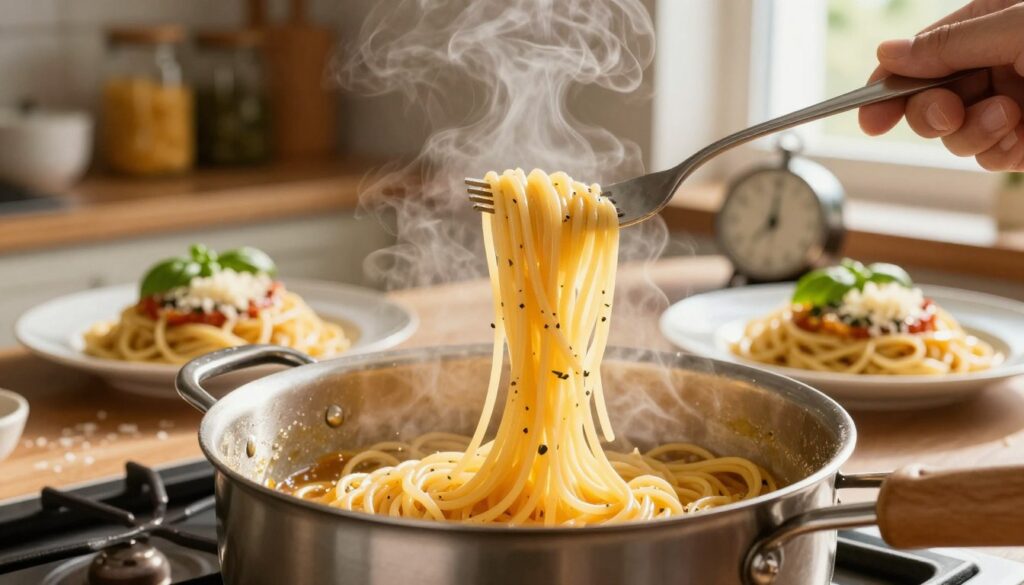 A close-up view of spaghetti cooking in a traditional pot on a stovetop, with steam rising gently. In the foreground, fork gently twirling al dente spaghetti, highlighted by golden sunlight streaming in through a nearby window, creating a warm and inviting atmosphere. The middle ground features a beautifully plated serving of pasta garnished with fresh basil and grated parmesan, hinting at the final result. In the background, a rustic kitchen setting with wooden shelves, jars of ingredients, and a timer counting down the cooking time enhances the theme of precision in cooking spaghetti. The scene is bathed in soft, natural light, emphasizing the warmth and homely feel of Italian cooking. A close-up view of spaghetti cooking in a traditional pot on a stovetop, with steam rising gently. In the foreground, fork gently twirling al dente spaghetti, highlighted by golden sunlight streaming in through a nearby window, creating a warm and inviting atmosphere. The middle ground features a beautifully plated serving of pasta garnished with fresh basil and grated parmesan, hinting at the final result. In the background, a rustic kitchen setting with wooden shelves, jars of ingredients, and a timer counting down the cooking time enhances the theme of precision in cooking spaghetti. The scene is bathed in soft, natural light, emphasizing the warmth and homely feel of Italian cooking.