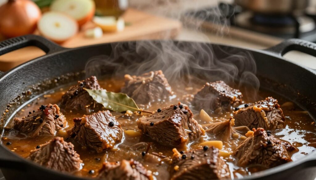 A close-up view of tender, succulent pieces of meat stewing in a rich, flavorful goulash. The foreground features glistening chunks of beef, gently simmering, infused with herbs and spices, like bay leaves and black pepper. In the middle, a deep, rustic pot made from cast iron, with steam rising gracefully from the surface, creating a cozy atmosphere. The background showcases a wooden kitchen countertop adorned with chopped onions and garlic, enhancing the warm, inviting scene. Soft, ambient lighting casts a golden hue across the ingredients, emphasizing their texture. The image conveys a sense of warmth and comfort, perfect for illustrating the process of preparing a flavorful, tender goulash.
