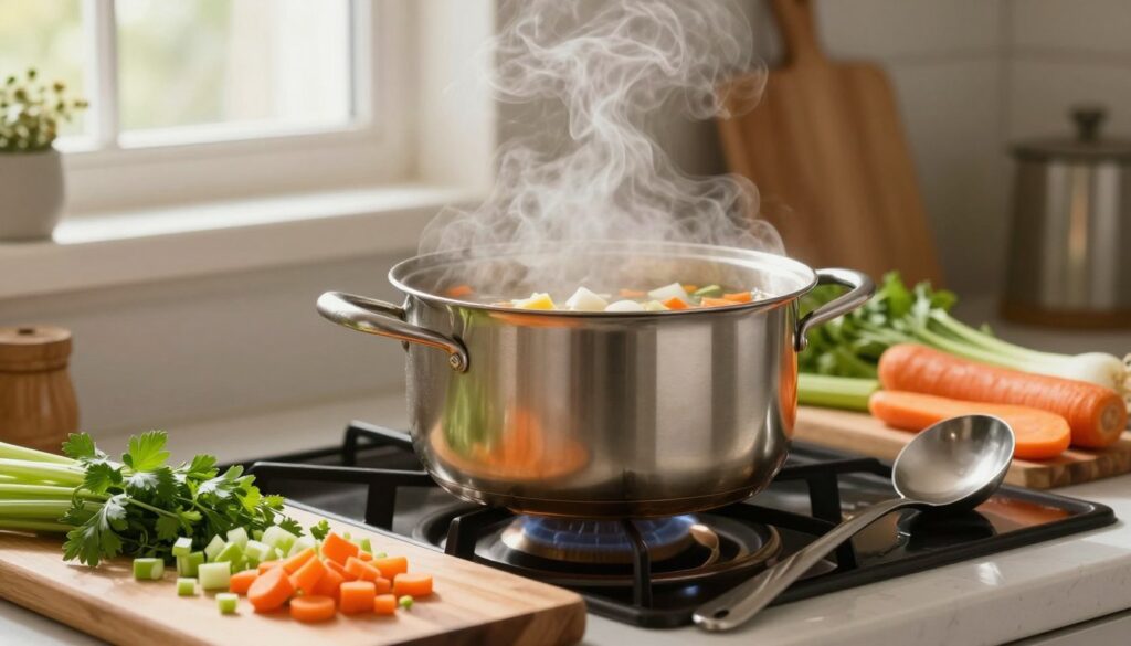 A cozy kitchen scene featuring a bubbling pot of vegetable broth on the stove, colorful chopped vegetables like carrots, celery, and onions nearby, emphasizing the vibrant ingredients of a hearty bulionie. In the foreground, a wooden cutting board holds freshly chopped herbs, while a ladle rests beside the pot, ready to serve. The middle of the image showcases the steaming pot, with wisps of steam rising into the air, creating an inviting atmosphere. In the background, soft natural light filters through a window, illuminating the warm tones of the kitchen. Overall, the mood is warm and nurturing, suggesting comfort and home-cooked goodness, perfect for inspiring delicious soup recipes.