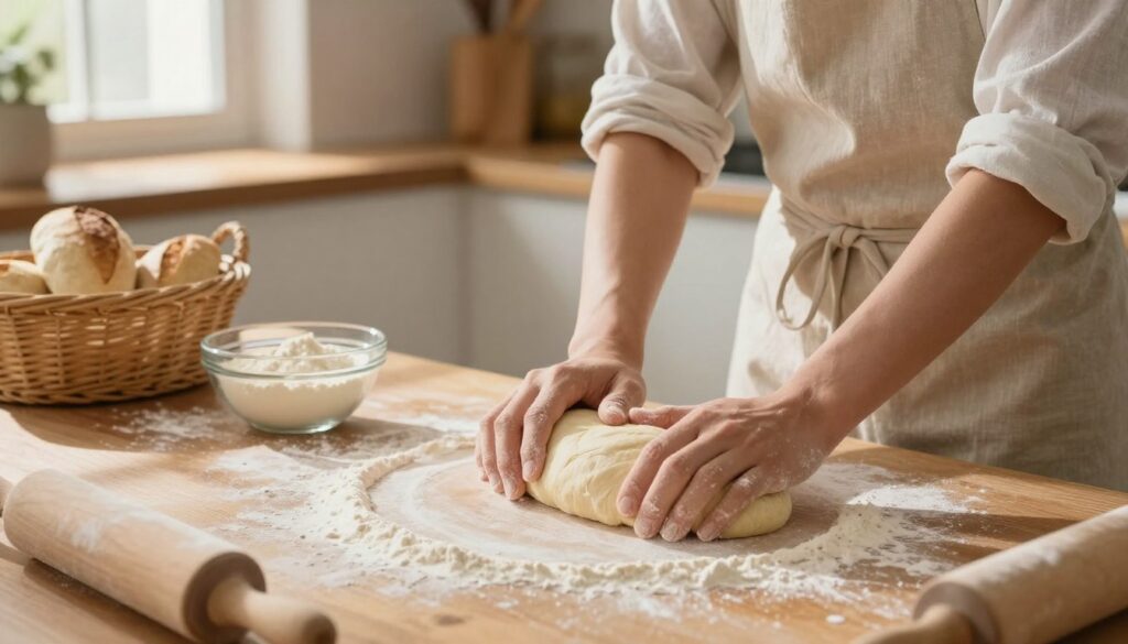 A cozy kitchen scene featuring a wooden table covered with flour, where a baker is preparing dough for bread rolls. In the foreground, the baker, dressed in a light-colored apron and modest casual clothing, kneads the soft, elastic dough with both hands, showcasing the texture and smoothness of the mixture. The middle ground includes ingredients like a bowl of yeast, scattered flour, and a rolling pin, emphasizing the steps of making dough. The background reveals a warm, inviting kitchen with soft natural light streaming in through a window, casting gentle shadows. A rustic bread basket and some freshly baked rolls can be seen on a shelf, creating a sense of warmth and homeliness, celebrating the art of bread-making.