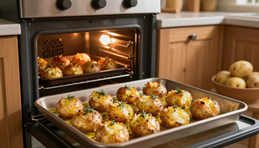 A cozy kitchen scene featuring baking potatoes in a rustic oven. In the foreground, a baking tray filled with golden-brown, crispy potatoes, glistening with golden olive oil and sprinkled with fresh herbs like rosemary and thyme. The middle ground showcases an open oven door with warm, inviting light illuminating the perfectly baked potatoes inside, highlighting their textures—crispy on the outside and fluffy on the inside. The background includes wooden cabinets, kitchen utensils, and a bowl of raw potatoes ready for preparation, adding context and warmth to the setting. The atmosphere is homely and inviting, with soft, natural lighting creating a comfortable ambiance, evoking a sense of simplicity and satisfaction in cooking. A cozy kitchen scene featuring baking potatoes in a rustic oven. In the foreground, a baking tray filled with golden-brown, crispy potatoes, glistening with golden olive oil and sprinkled with fresh herbs like rosemary and thyme. The middle ground showcases an open oven door with warm, inviting light illuminating the perfectly baked potatoes inside, highlighting their textures—crispy on the outside and fluffy on the inside. The background includes wooden cabinets, kitchen utensils, and a bowl of raw potatoes ready for preparation, adding context and warmth to the setting. The atmosphere is homely and inviting, with soft, natural lighting creating a comfortable ambiance, evoking a sense of simplicity and satisfaction in cooking.