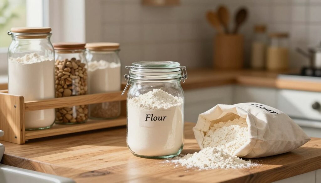 A cozy kitchen scene featuring neatly stored flour in various containers. In the foreground, an airtight, glass jar filled with white flour, showcasing its fine texture, sits on a rustic wooden countertop. Beside it, a canvas bag labeled ‘Flour’ is slightly open, revealing more flour spilling out. The middle ground includes a light wood shelf displaying additional jars and tools, creating an organized atmosphere. The background is softly blurred, revealing a warm, inviting kitchen bathed in natural sunlight. The overall mood is calm and comforting, emphasizing freshness and organization. Capture this scene with soft, warm lighting and a slight overhead angle to highlight the details of the containers. A cozy kitchen scene featuring neatly stored flour in various containers. In the foreground, an airtight, glass jar filled with white flour, showcasing its fine texture, sits on a rustic wooden countertop. Beside it, a canvas bag labeled ‘Flour’ is slightly open, revealing more flour spilling out. The middle ground includes a light wood shelf displaying additional jars and tools, creating an organized atmosphere. The background is softly blurred, revealing a warm, inviting kitchen bathed in natural sunlight. The overall mood is calm and comforting, emphasizing freshness and organization. Capture this scene with soft, warm lighting and a slight overhead angle to highlight the details of the containers.
