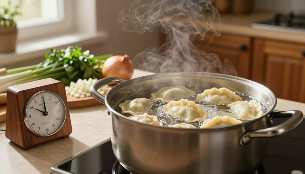 A cozy kitchen scene focused on a pot of boiling water with various pierogi floating on the surface, some having just risen above the water. In the foreground, a wooden timer sits on the counter, its hands indicating a few minutes passed since the pierogi surfaced. The middle ground features fresh ingredients like chopped onions and herbs, and the background reveals warm wooden cabinets and soft lighting that creates a welcoming atmosphere. The steam rising from the pot adds to the sense of warmth and activity. The overall ambiance is inviting and homely, portraying a moment of attentive home cooking. The lighting is warm and soft, mimicking natural sunlight streaming in through a nearby window, enhancing the rich colors of the pierogi and the kitchen environment.