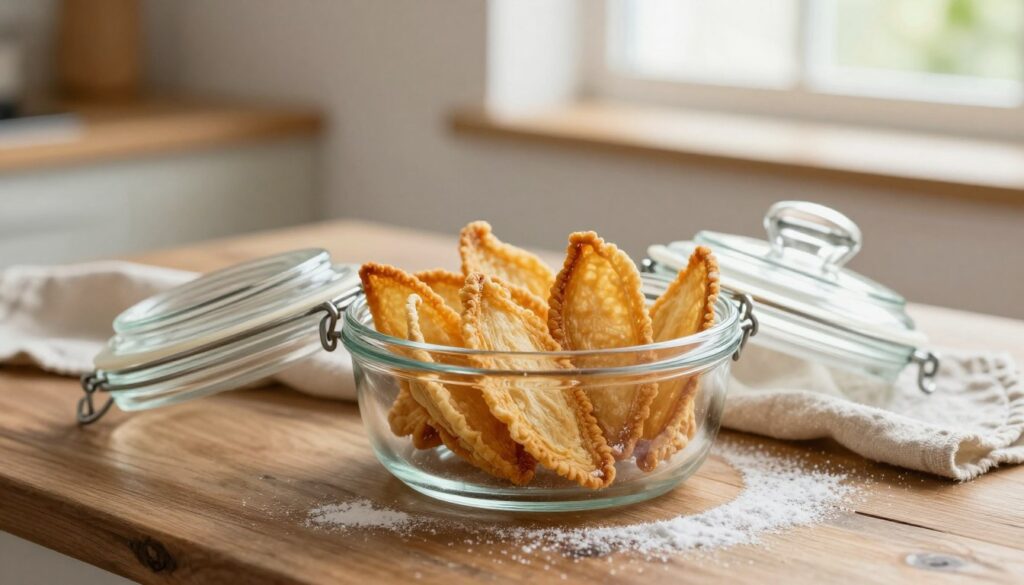 A cozy kitchen scene focused on an elegant glass container holding delicate, golden faworki, also known as angel wings, arranged neatly to showcase their crispy texture. The foreground features a close-up of the container with a lid slightly ajar, emphasizing protection from humidity. In the middle, a rustic wooden table adorned with a soft linen cloth, and a few scattered powdered sugar dustings add to the inviting atmosphere. The background reveals softly blurred elements like a window with light fluttering in, enhancing the warm, homey vibe. The lighting is natural, bright yet soft, creating a serene ambiance. Capture the mood of care and tradition, ideal for showcasing how to properly store faworki to preserve their crispness. A cozy kitchen scene focused on an elegant glass container holding delicate, golden faworki, also known as angel wings, arranged neatly to showcase their crispy texture. The foreground features a close-up of the container with a lid slightly ajar, emphasizing protection from humidity. In the middle, a rustic wooden table adorned with a soft linen cloth, and a few scattered powdered sugar dustings add to the inviting atmosphere. The background reveals softly blurred elements like a window with light fluttering in, enhancing the warm, homey vibe. The lighting is natural, bright yet soft, creating a serene ambiance. Capture the mood of care and tradition, ideal for showcasing how to properly store faworki to preserve their crispness.