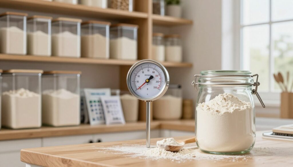 A cozy kitchen scene set in a well-lit area, showcasing various containers holding different types of flour. In the foreground, a clear glass jar filled with all-purpose flour sits beside a wooden spoon, with a slight sprinkle of flour dust on the surface. The middle layer features a temperature gauge prominently displaying optimal storage temperatures, alongside moist-absorbing packets. The background includes a neatly organized pantry with shelves lined with bins of various flours, emphasizing a humidity-controlled environment. Bright natural light filters through a window, creating a warm and inviting atmosphere, highlighting the importance of proper storage conditions for flour in home kitchens. A cozy kitchen scene set in a well-lit area, showcasing various containers holding different types of flour. In the foreground, a clear glass jar filled with all-purpose flour sits beside a wooden spoon, with a slight sprinkle of flour dust on the surface. The middle layer features a temperature gauge prominently displaying optimal storage temperatures, alongside moist-absorbing packets. The background includes a neatly organized pantry with shelves lined with bins of various flours, emphasizing a humidity-controlled environment. Bright natural light filters through a window, creating a warm and inviting atmosphere, highlighting the importance of proper storage conditions for flour in home kitchens.