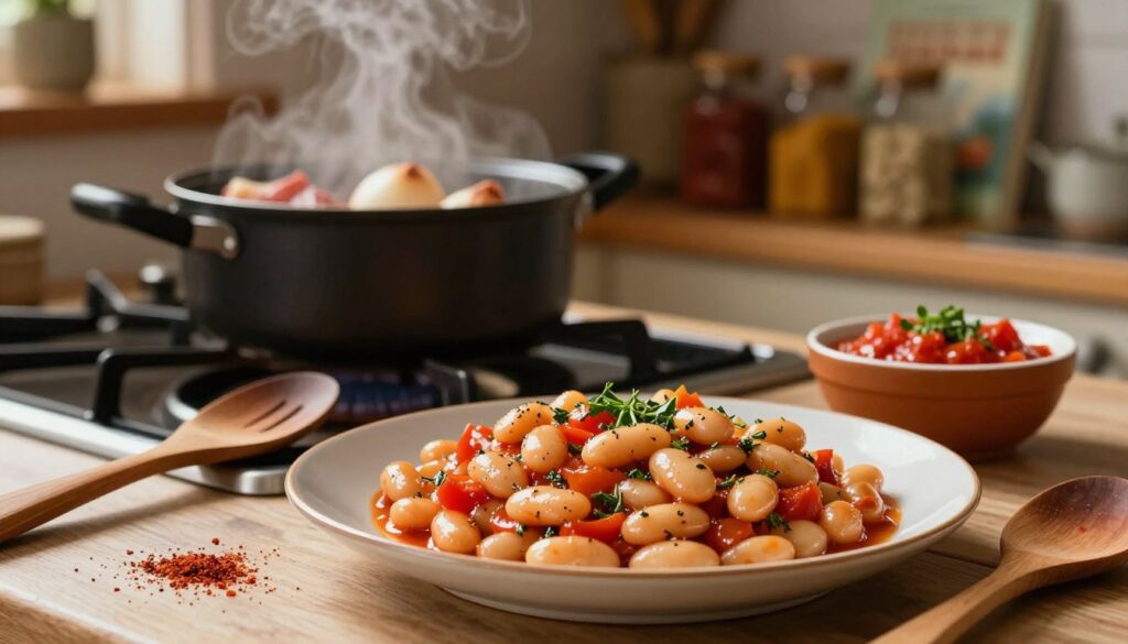 A cozy kitchen scene showcasing a beautifully arranged plate of traditional "smak" (Brittany-style beans). In the foreground, focus on the vibrant colors of the dish, with glossy, rich white beans garnished with fresh herbs and spices. Surround the plate with rustic wooden utensils, a sprinkle of paprika, and a small bowl of home-made tomato sauce, emphasizing the depth of flavor. In the middle ground, a pot simmers on the stove, steam rising, with ingredients like bacon and onions partially visible. The background features warm, soft lighting illuminating the kitchen, with shelves adorned with spices and cookbooks, creating an inviting atmosphere. Capture the essence of home-cooked meals with a warm, nostalgic feel, using a soft focus effect to enhance the mood. A cozy kitchen scene showcasing a beautifully arranged plate of traditional "smak" (Brittany-style beans). In the foreground, focus on the vibrant colors of the dish, with glossy, rich white beans garnished with fresh herbs and spices. Surround the plate with rustic wooden utensils, a sprinkle of paprika, and a small bowl of home-made tomato sauce, emphasizing the depth of flavor. In the middle ground, a pot simmers on the stove, steam rising, with ingredients like bacon and onions partially visible. The background features warm, soft lighting illuminating the kitchen, with shelves adorned with spices and cookbooks, creating an inviting atmosphere. Capture the essence of home-cooked meals with a warm, nostalgic feel, using a soft focus effect to enhance the mood.