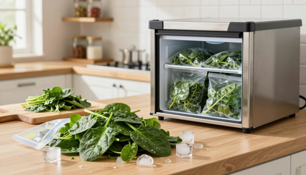 A cozy kitchen scene showcasing the process of freezing spinach for long-term storage. In the foreground, a vibrant pile of freshly washed spinach leaves glistens with moisture, surrounded by ice cubes and a clear, labeled freezer bag. In the middle ground, a countertop with a cutting board and a small bowl highlights some chopped spinach, while a stainless steel freezer with the door slightly ajar reveals neatly organized bags of frozen spinach inside. The background features warm, inviting kitchen decor, including wooden shelves with jars of spices and plants. Soft, natural light filters in through a window, creating a fresh and hopeful atmosphere, emphasizing sustainability and resourcefulness in food storage.