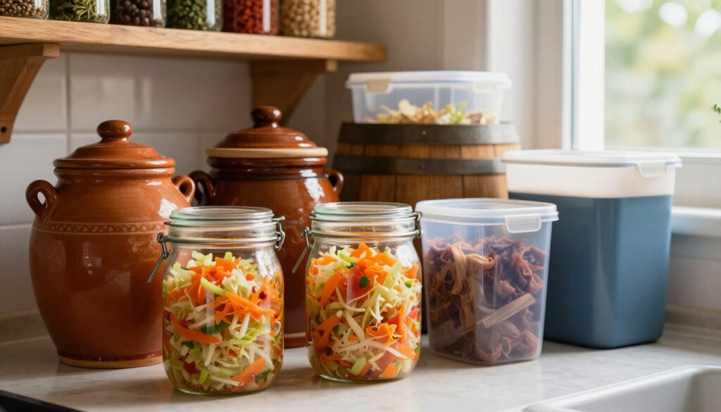 A cozy kitchen scene showcasing various storage containers for sauerkraut, featuring several jars filled with colorful, crunchy sauerkraut in the foreground. The middle-ground includes traditional ceramic crock pots, wooden barrels, and sleek, modern plastic containers, all arranged harmoniously. The background displays rustic shelves lined with spices and herbs, softly illuminated by warm, natural lighting streaming through a nearby window. The image captures a warm, inviting atmosphere, emphasizing the importance of proper storage for flavor and texture retention. The angle should be slightly above eye level, providing a clear view of the containers while allowing for a glimpse of the kitchen's homely charm. Focus on vibrant colors and textures that evoke freshness and appetizing appeal.