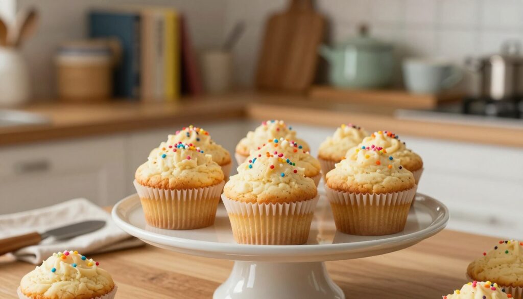 A cozy kitchen setting featuring freshly baked cupcakes arranged on a decorative cake stand. The cupcakes are fluffy, showcasing their light texture and topped with a simple, colorful sprinkle design, without any frosting. In the foreground, a few cupcakes are slightly tilted, emphasizing their moistness. The middle ground includes a wooden countertop with baking tools and a soft cloth, hinting at an inviting baking atmosphere. The background is a softly blurred image of kitchen shelves filled with baking books and vintage kitchenware. Warm, natural lighting bathes the scene, creating a homey and comforting mood. The angle looks slightly down on the cupcakes, bringing attention to their appeal without any distractions or text elements.