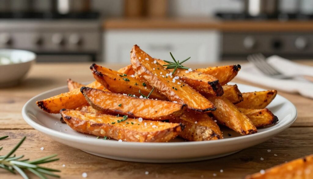 A delicious plate of oven-baked sweet potato fries, perfectly golden and crispy, emerges as the focal point of the image. The fries are cut into thin, uniform pieces with subtle caramelization on the edges, showcasing a vibrant orange color. The foreground features the fries appealingly arranged, garnished with a sprinkle of sea salt and fresh herbs like rosemary. In the middle background, a rustic wooden table complements the dish, adding warmth and texture. Soft, natural lighting bathes the scene, casting gentle shadows and highlighting the crispy texture of the fries. A blurred kitchen setting with an oven can be seen in the background, adding context to the cooking process while keeping the focus on the delicious sweet potato fries. The overall atmosphere is inviting and appetizing, perfect for a cozy culinary setting.