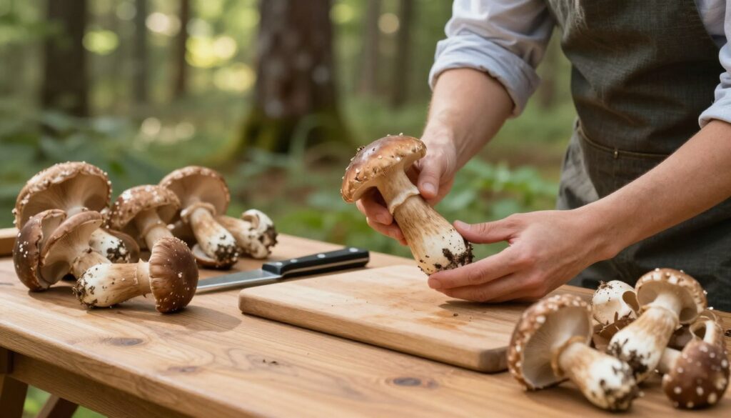A detailed and informative scene depicting the safe handling of the "borowik ponury" mushroom after foraging. In the foreground, a person in professional attire carefully inspects the mushrooms, examining their characteristics to distinguish between edible and inedible varieties. The middle ground features a wooden table with neatly arranged mushrooms, a knife, and a cutting board, symbolizing the preparation process. In the background, a serene forest setting provides a natural and inviting atmosphere, with soft, dappled sunlight filtering through the trees. The composition emphasizes safety and caution, highlighting the importance of proper selection and thermal processing. Overall, the mood is educational and tranquil, inviting viewers to explore the topic of mushroom foraging responsibly. A detailed and informative scene depicting the safe handling of the "borowik ponury" mushroom after foraging. In the foreground, a person in professional attire carefully inspects the mushrooms, examining their characteristics to distinguish between edible and inedible varieties. The middle ground features a wooden table with neatly arranged mushrooms, a knife, and a cutting board, symbolizing the preparation process. In the background, a serene forest setting provides a natural and inviting atmosphere, with soft, dappled sunlight filtering through the trees. The composition emphasizes safety and caution, highlighting the importance of proper selection and thermal processing. Overall, the mood is educational and tranquil, inviting viewers to explore the topic of mushroom foraging responsibly.