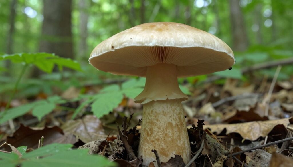 A detailed and realistic depiction of the Borowik ponury mushroom, showcasing its distinctive features. In the foreground, highlight the pale, slightly yellowish cap with a smooth surface, and the thicker, bulbous stem that has a subtle network of dots. The middle ground should depict a natural forest setting, with leafy undergrowth and scattered fallen leaves, creating an authentic habitat. The background should be a lush, green forest with dappled sunlight filtering through the tree canopy, evoking a serene and informative atmosphere. Use soft, natural lighting to enhance the mushroom's texture and colors, capturing it from a low angle for a more engaging perspective. A detailed and realistic depiction of the Borowik ponury mushroom, showcasing its distinctive features. In the foreground, highlight the pale, slightly yellowish cap with a smooth surface, and the thicker, bulbous stem that has a subtle network of dots. The middle ground should depict a natural forest setting, with leafy undergrowth and scattered fallen leaves, creating an authentic habitat. The background should be a lush, green forest with dappled sunlight filtering through the tree canopy, evoking a serene and informative atmosphere. Use soft, natural lighting to enhance the mushroom's texture and colors, capturing it from a low angle for a more engaging perspective.