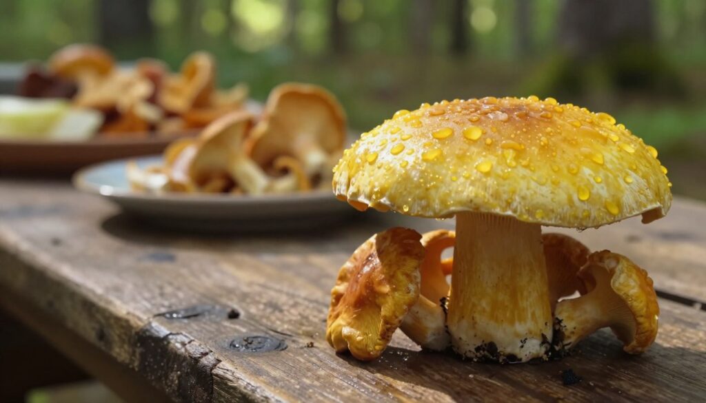 A detailed close-up of an unusual edible mushroom, goryczak żółciowy, showcasing its distinct yellow coloration. In the foreground, the mushroom should be prominently displayed, its textured surface glistening with morning dew, emphasizing its unique characteristics. In the middle ground, a rustic wooden table can be seen, adorned with an array of partially prepared dishes that highlight the mushroom’s presence, showing how it influences the culinary presentation. The background features a softly blurred forest setting, with dappled sunlight filtering through the leaves, creating a warm and inviting atmosphere. The overall mood should evoke a sense of curiosity and intrigue, as if inviting the viewer to explore the complex tastes and culinary impact of the mushroom. Use natural lighting to enhance the colors and textures, capturing the essence of this intriguing subject.