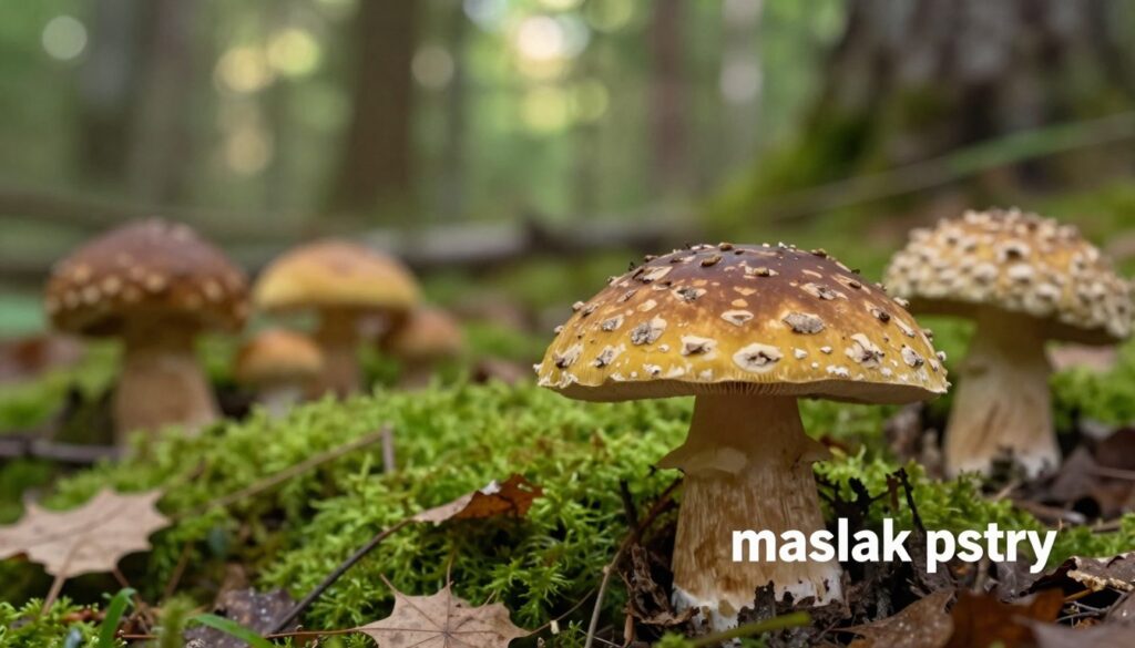 A detailed depiction of a "maślak pstry" mushroom in the foreground, showcasing its distinctive spotted cap with rich earthy colors of brown and yellow. Surround it with similar mushroom species for contrast, emphasizing their differing textures and shapes. In the middle ground, include a soft-focus of a lush forest floor, carpeted with green moss and fallen leaves, creating a natural setting. The background features blurred tree trunks, enhancing the depth of field. Use soft, diffused lighting to simulate dappled sunlight filtering through the leaves, creating a warm and inviting atmosphere. Capture the scene from a slightly elevated angle to provide a comprehensive view of the mushrooms and their environment. The overall mood should be serene and educational, inviting mushroom enthusiasts to observe and identify safe species.