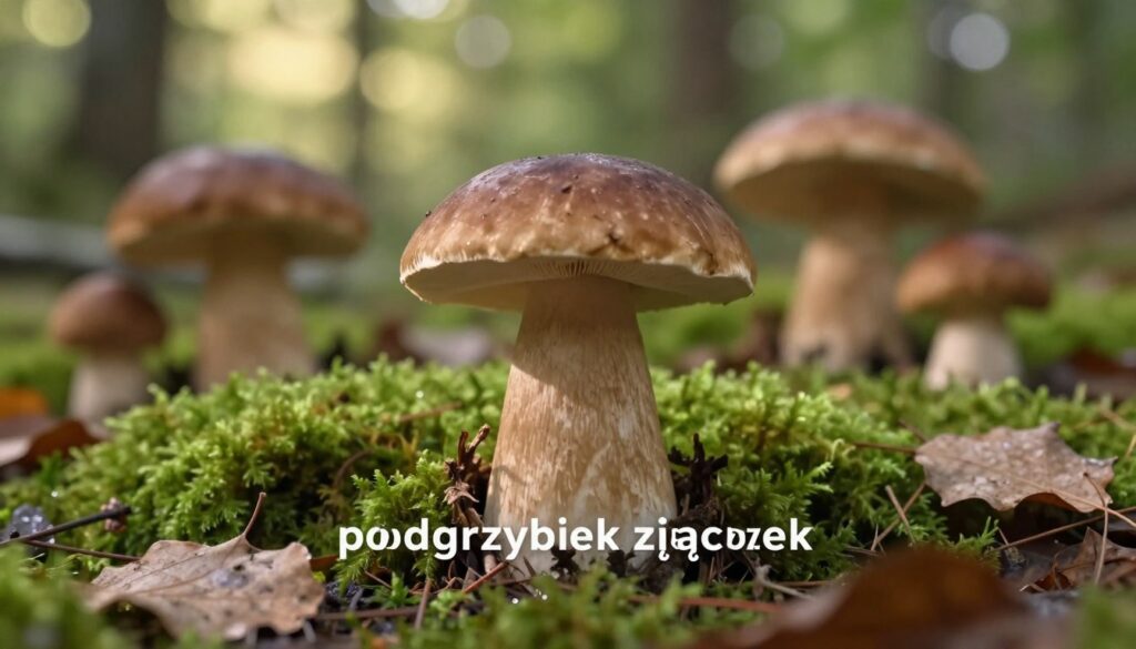 A detailed depiction of the "podgrzybek zajączek" mushroom in a natural forest setting. In the foreground, showcase the mushroom with its distinct characteristics: a smooth, brown cap with a slightly raised center, and a pale, white stem. Surround it with lush green moss and fallen leaves to enhance the earthy atmosphere. The middle ground features other similar mushrooms, providing a sense of scale and context, while the background reveals a softly blurred forest with dappled sunlight filtering through the leaves. Use natural, warm lighting to create a serene, inviting mood, with a focus on the textures and colors of the mushrooms. The angle should be low, capturing the mushroom’s intricate details and the surrounding environment, evoking a sense of curiosity about identifying edible versus look-alike species. A detailed depiction of the "podgrzybek zajączek" mushroom in a natural forest setting. In the foreground, showcase the mushroom with its distinct characteristics: a smooth, brown cap with a slightly raised center, and a pale, white stem. Surround it with lush green moss and fallen leaves to enhance the earthy atmosphere. The middle ground features other similar mushrooms, providing a sense of scale and context, while the background reveals a softly blurred forest with dappled sunlight filtering through the leaves. Use natural, warm lighting to create a serene, inviting mood, with a focus on the textures and colors of the mushrooms. The angle should be low, capturing the mushroom’s intricate details and the surrounding environment, evoking a sense of curiosity about identifying edible versus look-alike species.