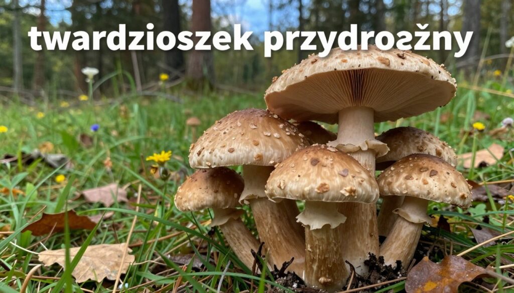 A detailed depiction of "twardzioszek przydrożny," or the roadside mushroom, in a natural setting. In the foreground, showcase a vibrant cluster of twardzioszek mushrooms, characterized by their distinctive textured caps and earthy tones ranging from light brown to creamy beige. Highlight the unique gills underneath and the stem's robust structure. In the middle ground, include lush green grass, scattered fallen leaves, and small wildflowers to enhance the habitat's richness. In the background, softly blurred trees and a gentle blue sky to create an inviting atmosphere. Use natural daylight to emphasize the mushrooms' colors, with soft shadows to add depth. The overall mood should be serene and informative, inviting viewers to learn more about this fascinating species. A detailed depiction of "twardzioszek przydrożny," or the roadside mushroom, in a natural setting. In the foreground, showcase a vibrant cluster of twardzioszek mushrooms, characterized by their distinctive textured caps and earthy tones ranging from light brown to creamy beige. Highlight the unique gills underneath and the stem's robust structure. In the middle ground, include lush green grass, scattered fallen leaves, and small wildflowers to enhance the habitat's richness. In the background, softly blurred trees and a gentle blue sky to create an inviting atmosphere. Use natural daylight to emphasize the mushrooms' colors, with soft shadows to add depth. The overall mood should be serene and informative, inviting viewers to learn more about this fascinating species.