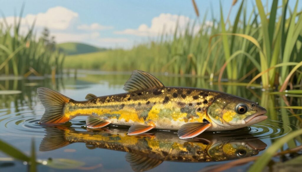 A detailed illustration of Misgurnus fossilis, commonly known as the weatherfish or piskorz, set against a serene Polish wetland environment. In the foreground, the elongated, slender body of the fish, showcasing its distinct dark brown and yellow stripes, is partially submerged in clear water. The fish is depicted with intricate details on its scales and fins, reflecting the rippling water. In the middle ground, lush green aquatic plants and reeds sway gently, adding depth. The background features a tranquil landscape with gentle hills and soft blue skies, casting warm sunlight that enhances the colors. The overall mood is calm and natural, embodying the essence of the fish's habitat. Shot from a low angle to emphasize the fish and its environment, creating an immersive experience. A detailed illustration of Misgurnus fossilis, commonly known as the weatherfish or piskorz, set against a serene Polish wetland environment. In the foreground, the elongated, slender body of the fish, showcasing its distinct dark brown and yellow stripes, is partially submerged in clear water. The fish is depicted with intricate details on its scales and fins, reflecting the rippling water. In the middle ground, lush green aquatic plants and reeds sway gently, adding depth. The background features a tranquil landscape with gentle hills and soft blue skies, casting warm sunlight that enhances the colors. The overall mood is calm and natural, embodying the essence of the fish's habitat. Shot from a low angle to emphasize the fish and its environment, creating an immersive experience.
