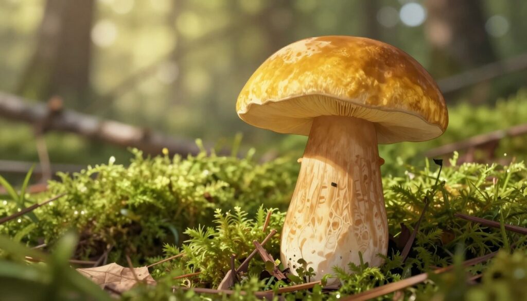 A detailed illustration of a Xerocomellus chrysenteron mushroom, commonly known as the golden-barked bolete. In the foreground, the mushroom is prominently displayed, showcasing its distinctive features: a broad, domed cap with a velvety golden-yellow surface, and a thick, pale stem exhibiting a network of fine reticulations. In the middle ground, lush green moss and delicate forest debris enhance the mushroom's natural habitat. The background features a soft-focus scene of a sun-dappled forest floor, with soft, filtered sunlight creating a warm, inviting atmosphere. The lighting is natural, mimicking late afternoon sunlight to cast gentle shadows, emphasizing textures on the mushroom's surface. The scene conveys a sense of tranquility and connection to nature, perfect for highlighting the beauty of this edible fungi. A detailed illustration of a Xerocomellus chrysenteron mushroom, commonly known as the golden-barked bolete. In the foreground, the mushroom is prominently displayed, showcasing its distinctive features: a broad, domed cap with a velvety golden-yellow surface, and a thick, pale stem exhibiting a network of fine reticulations. In the middle ground, lush green moss and delicate forest debris enhance the mushroom's natural habitat. The background features a soft-focus scene of a sun-dappled forest floor, with soft, filtered sunlight creating a warm, inviting atmosphere. The lighting is natural, mimicking late afternoon sunlight to cast gentle shadows, emphasizing textures on the mushroom's surface. The scene conveys a sense of tranquility and connection to nature, perfect for highlighting the beauty of this edible fungi.